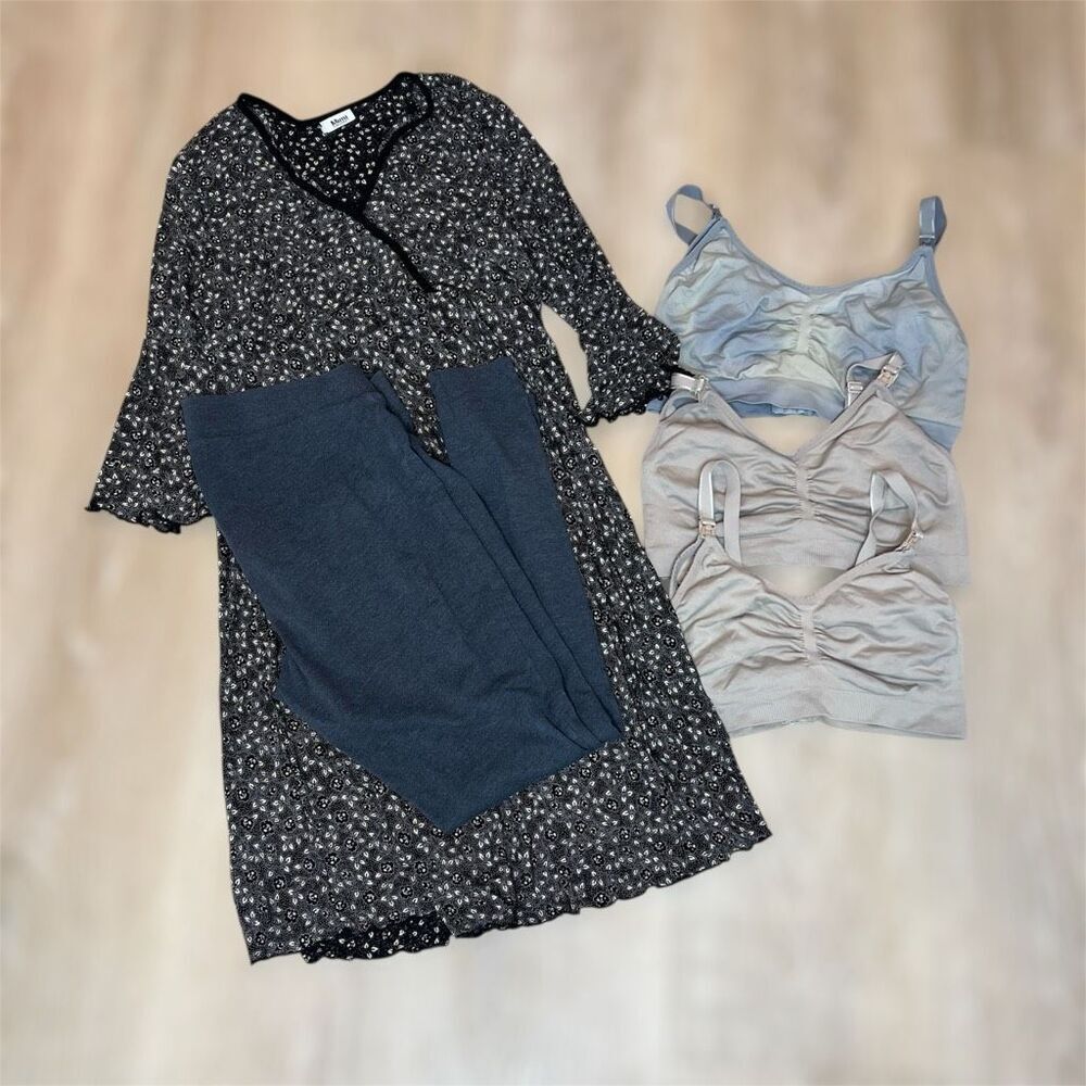 Mimi Maternity Dress, Bumpstart Leggings Small, 3 Motherhood Nursing Bras Large